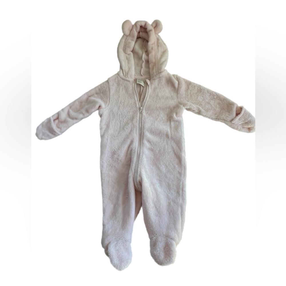 EUC First Impressions Soft Pink Bear Hooded Footie (6-9M)